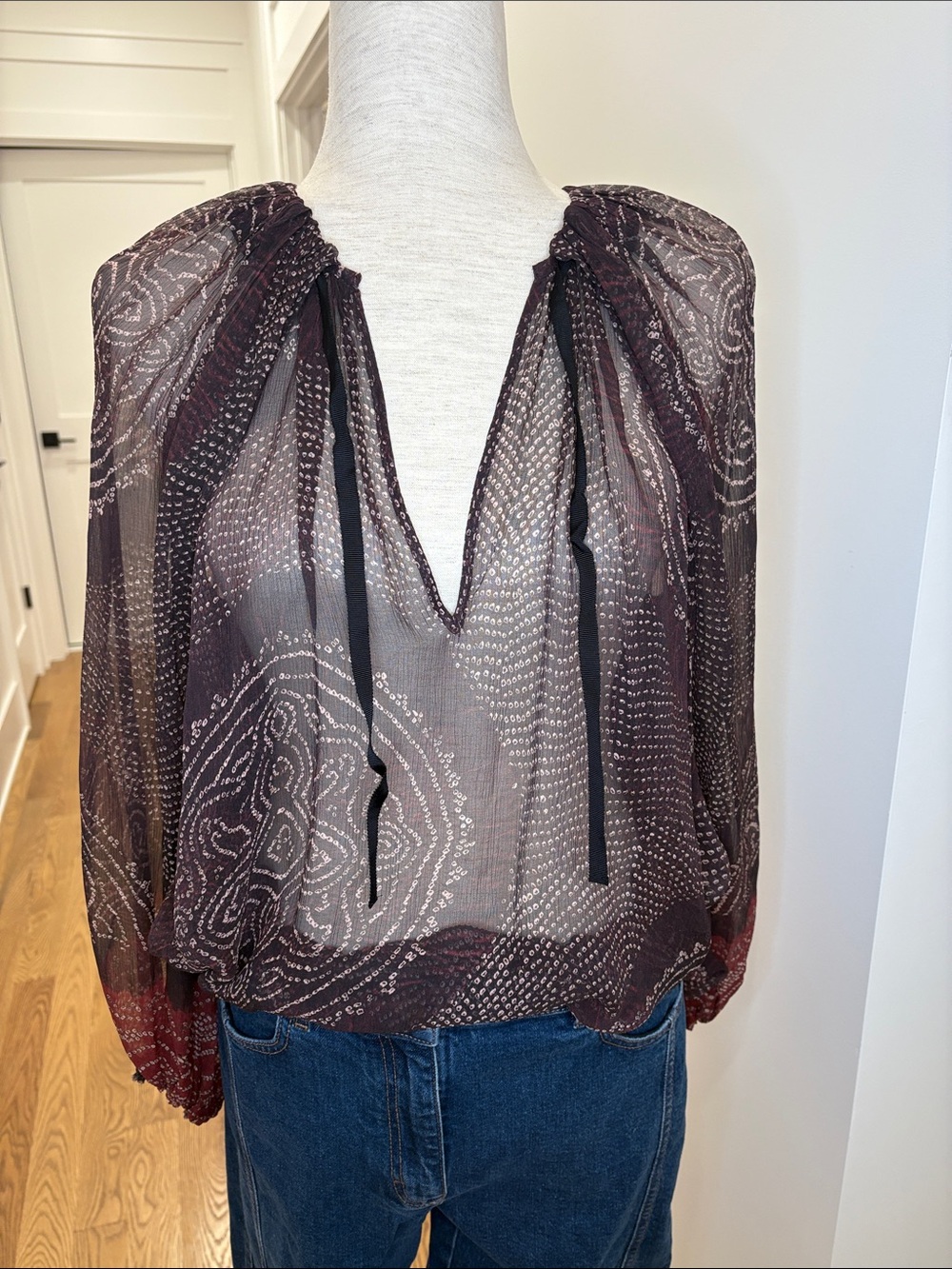 Ulla Johnson Plum Sheer Printed Tie-Neck Blouse